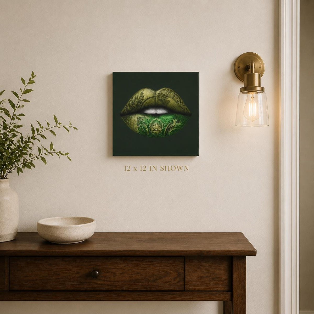 Green Lips Canvas Wall Art, Money Lips Print, Dark Green Glam Decor, Fashion Wall Art, Maximalist Bedroom Decor, Luxury Art Gift