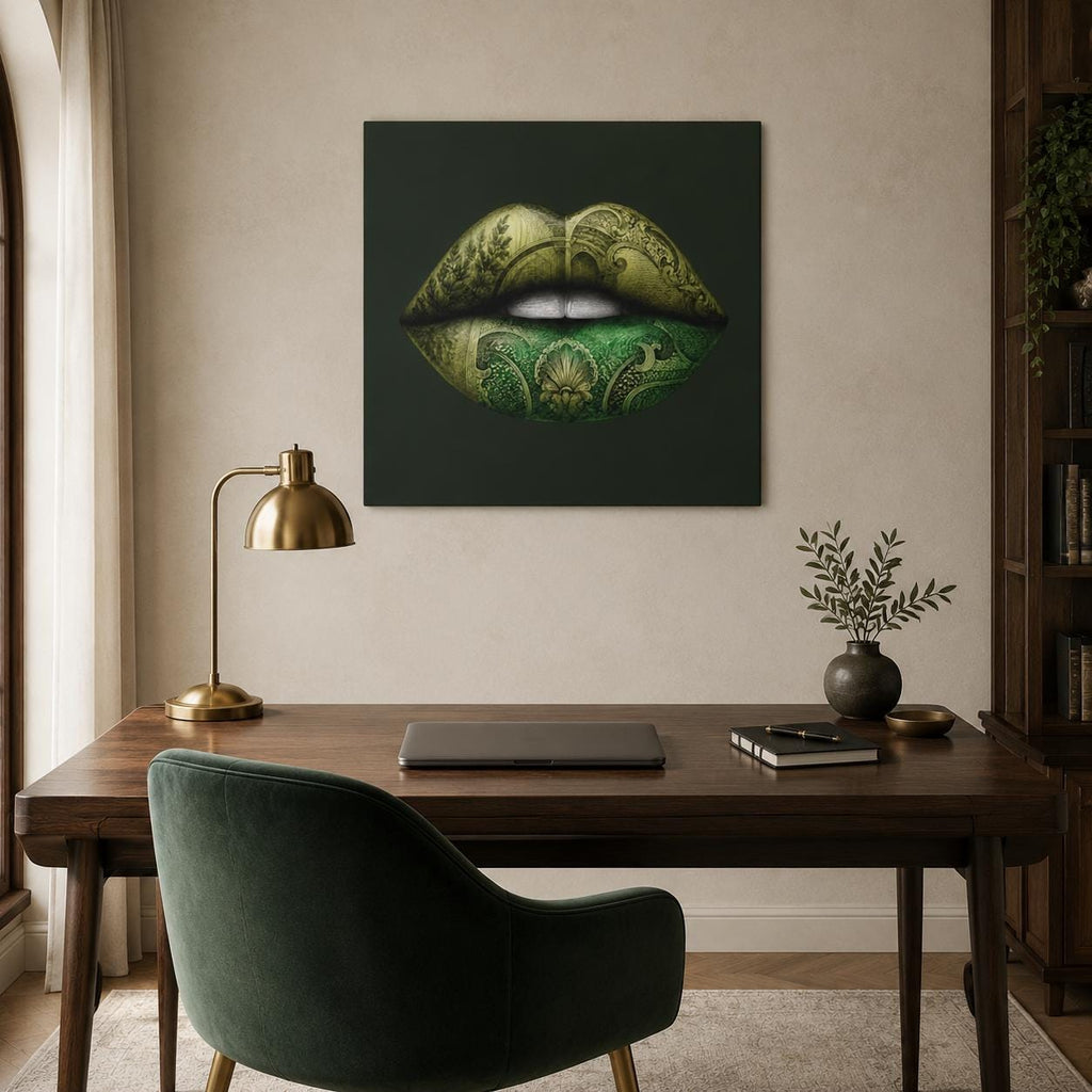 Green Lips Canvas Wall Art, Money Lips Print, Dark Green Glam Decor, Fashion Wall Art, Maximalist Bedroom Decor, Luxury Art Gift