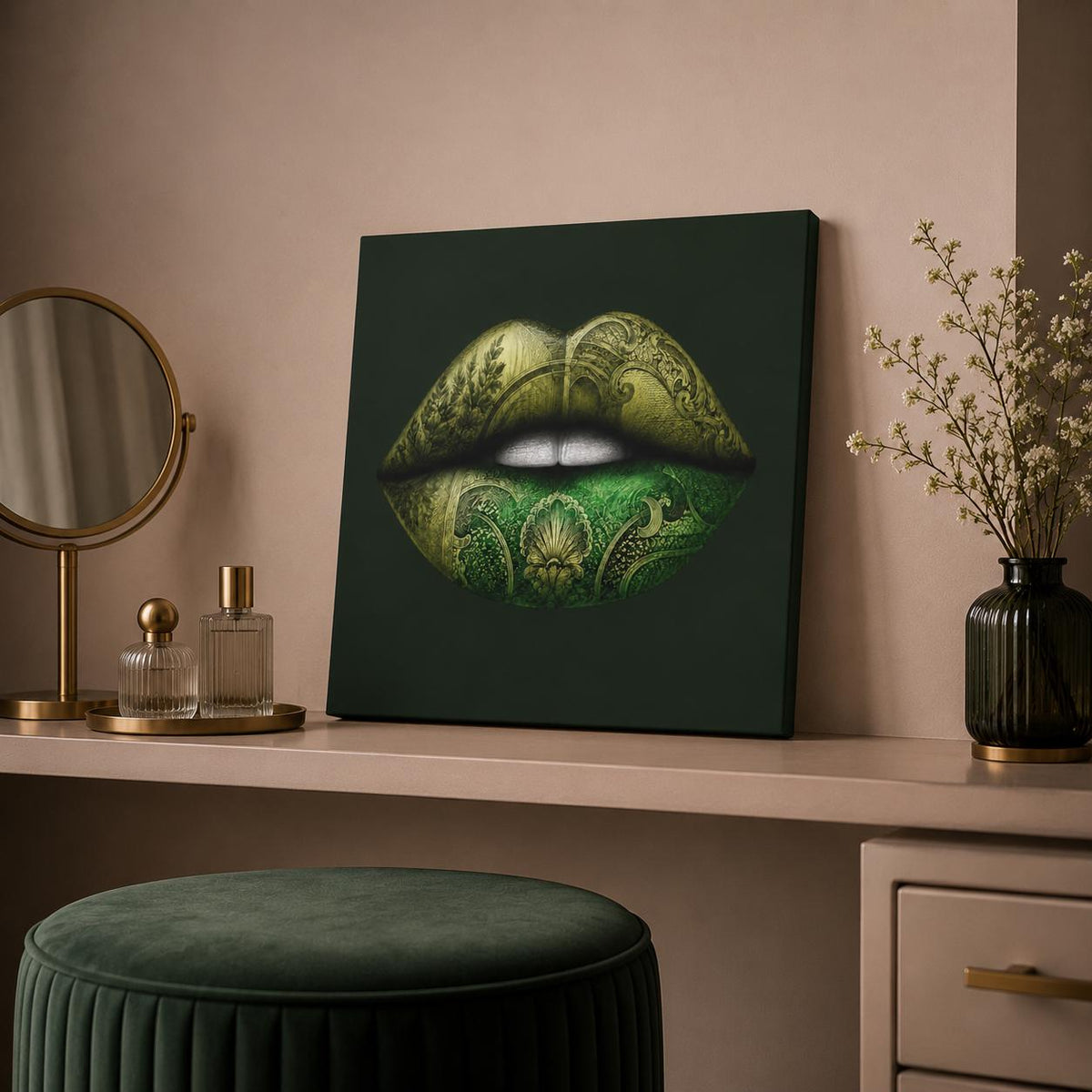 Green Lips Canvas Wall Art, Money Lips Print, Dark Green Glam Decor, Fashion Wall Art, Maximalist Bedroom Decor, Luxury Art Gift