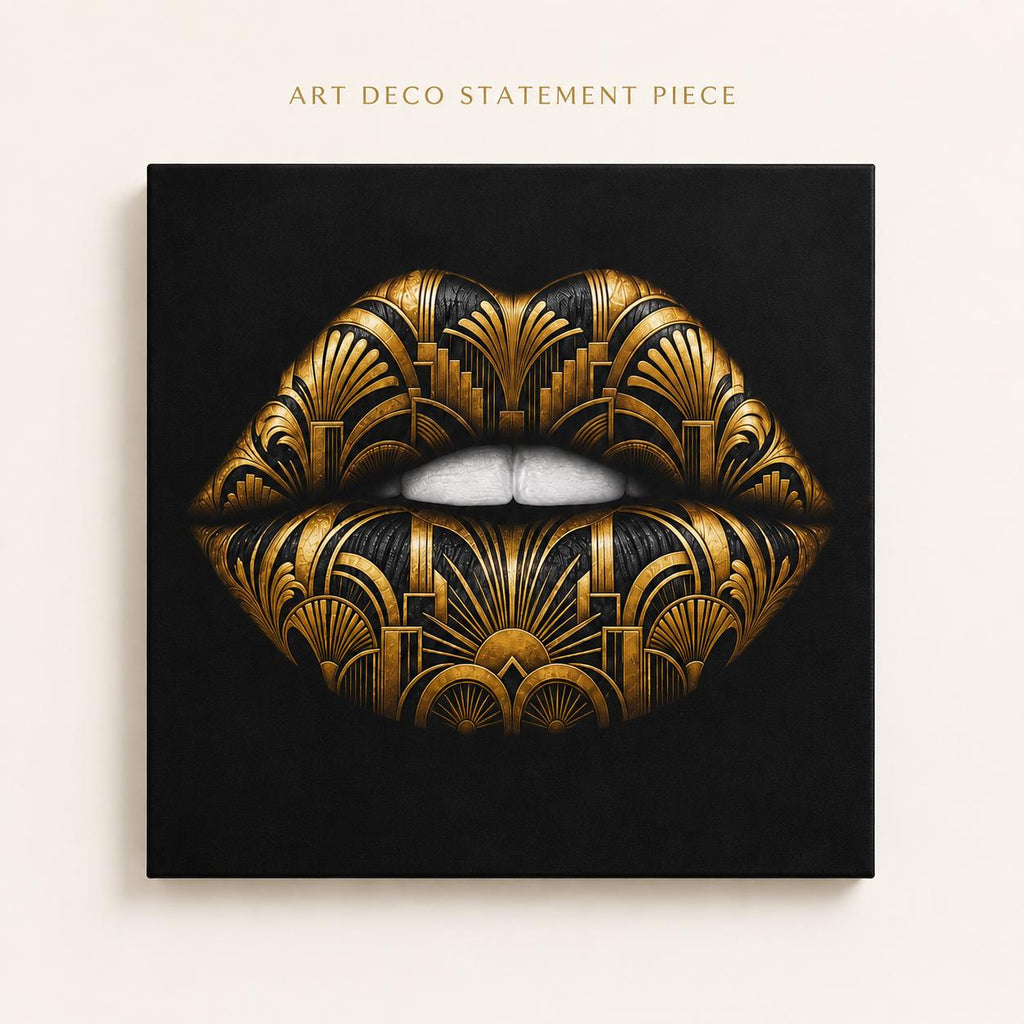 Black Gold Lips Canvas Wall Art, Art Deco Glam Decor, Fashion Wall Art, Maximalist Bedroom Decor, Luxury Beauty Salon Art Gift