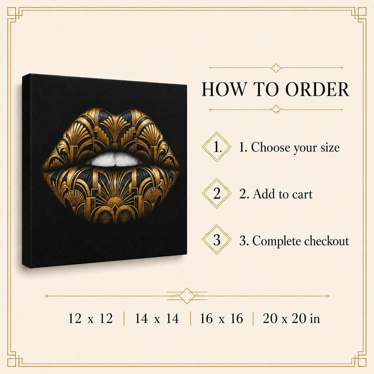 Black Gold Lips Canvas Wall Art, Art Deco Glam Decor, Fashion Wall Art, Maximalist Bedroom Decor, Luxury Beauty Salon Art Gift