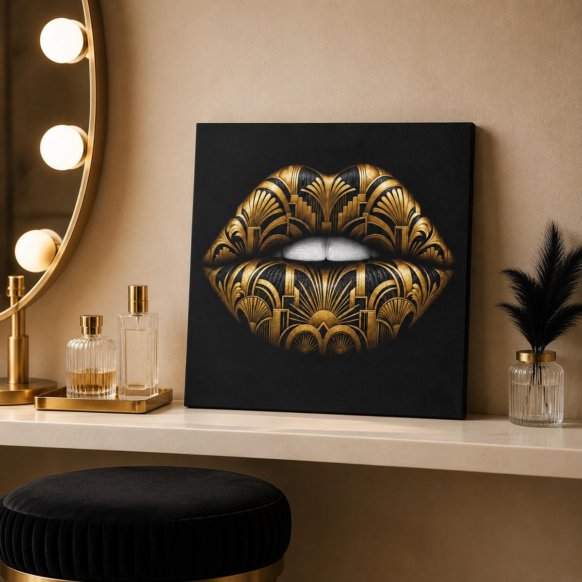 Black Gold Lips Canvas Wall Art, Art Deco Glam Decor, Fashion Wall Art, Maximalist Bedroom Decor, Luxury Beauty Salon Art Gift