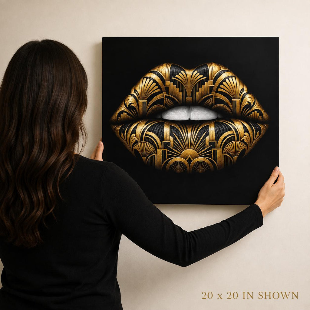 Black Gold Lips Canvas Wall Art, Art Deco Glam Decor, Fashion Wall Art, Maximalist Bedroom Decor, Luxury Beauty Salon Art Gift