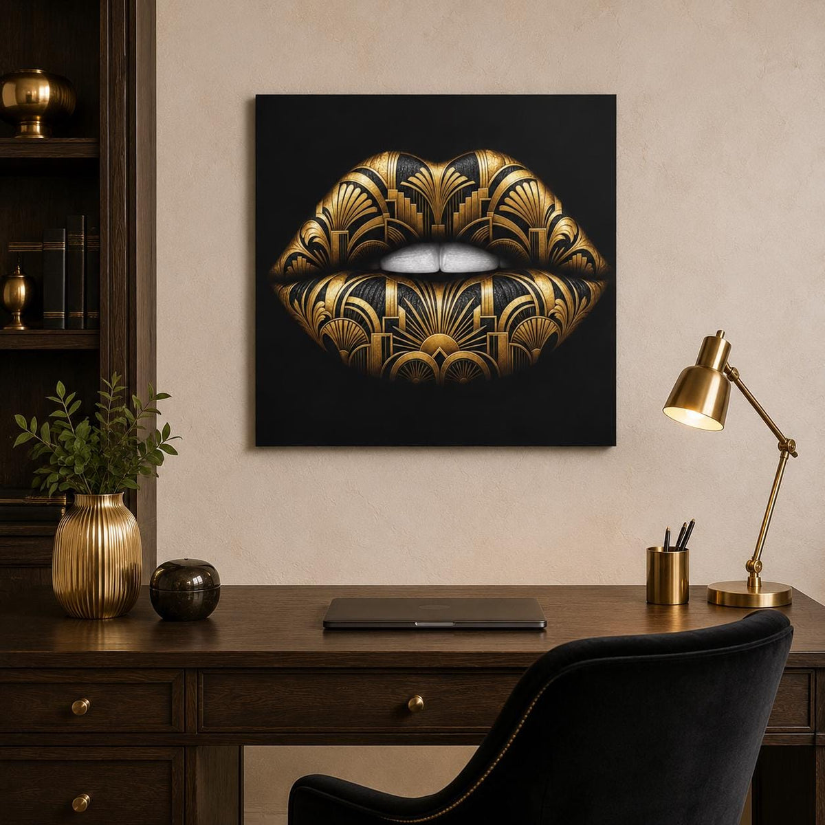 Black Gold Lips Canvas Wall Art, Art Deco Glam Decor, Fashion Wall Art, Maximalist Bedroom Decor, Luxury Beauty Salon Art Gift