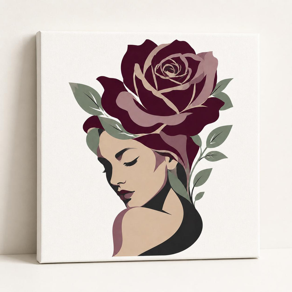 Floral Woman Canvas Wall Art, Burgundy Rose Portrait, Feminine Botanical Decor, Modern Bedroom Artwork, Gift for Her
