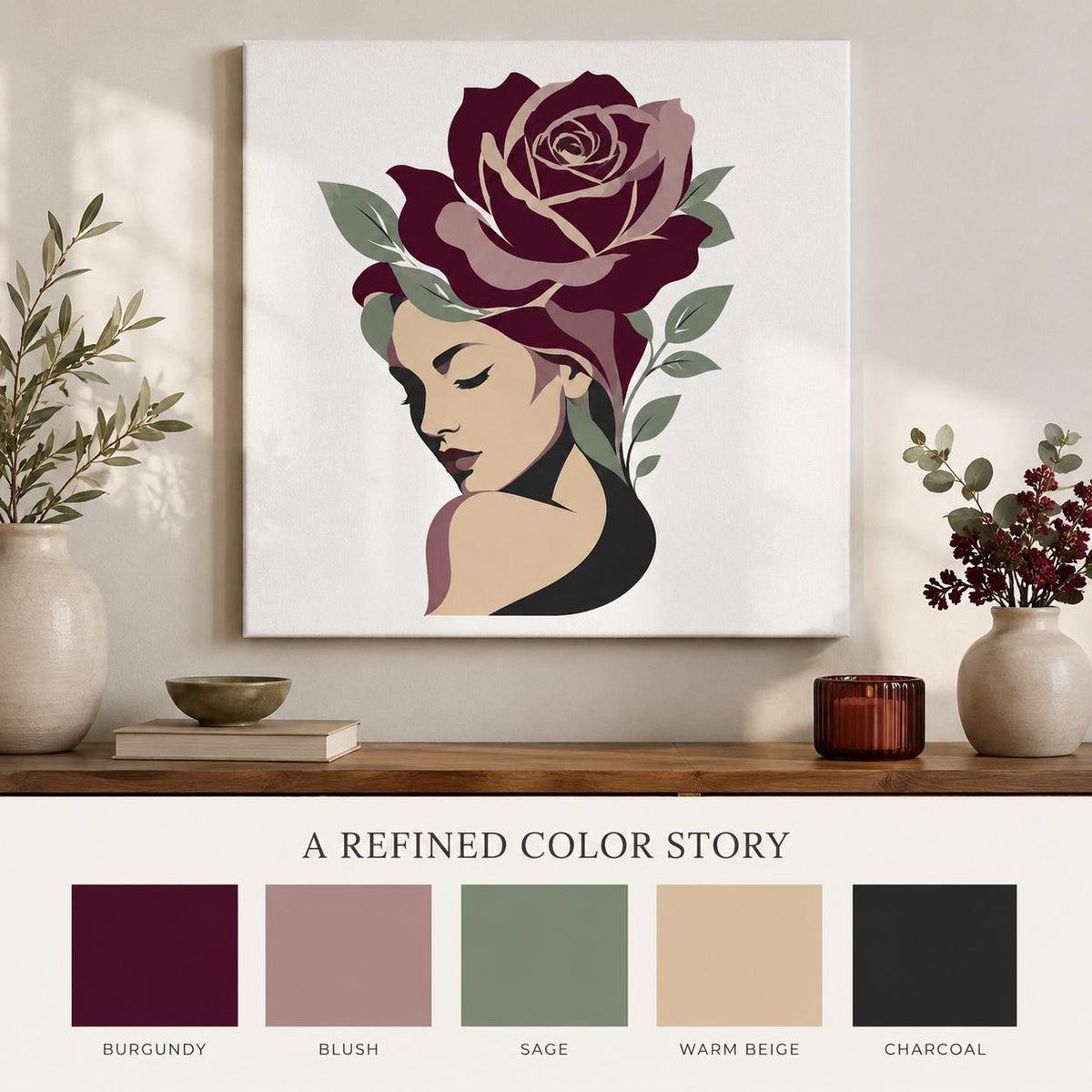 Floral Woman Canvas Wall Art, Burgundy Rose Portrait, Feminine Botanical Decor, Modern Bedroom Artwork, Gift for Her