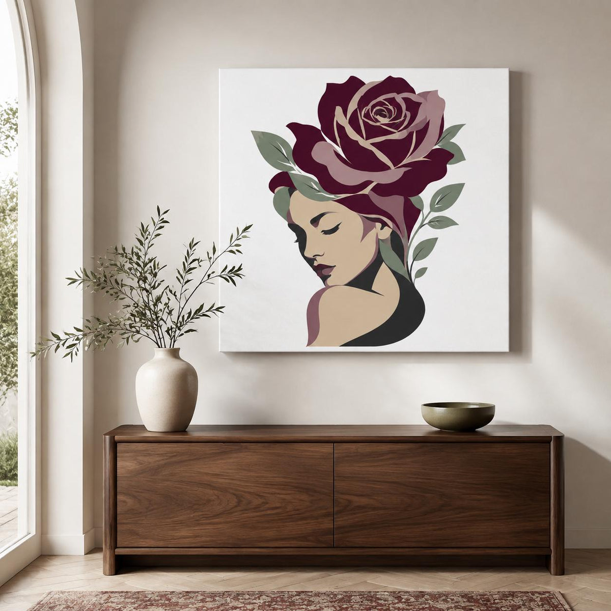 Floral Woman Canvas Wall Art, Burgundy Rose Portrait, Feminine Botanical Decor, Modern Bedroom Artwork, Gift for Her