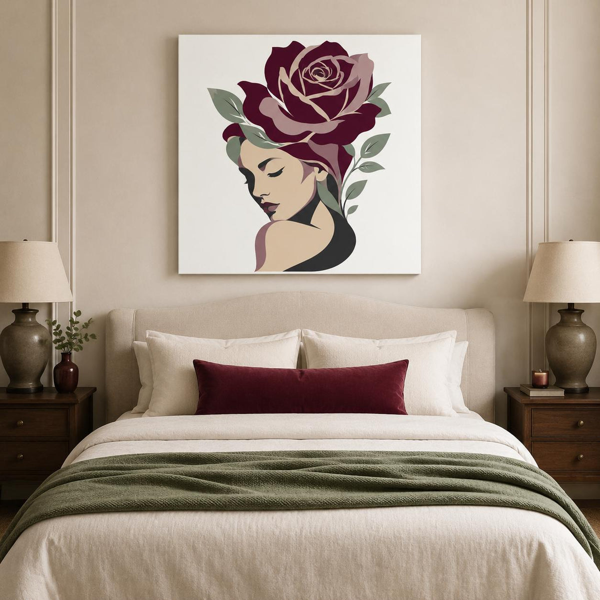 Floral Woman Canvas Wall Art, Burgundy Rose Portrait, Feminine Botanical Decor, Modern Bedroom Artwork, Gift for Her