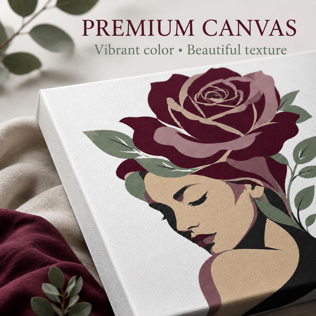 Floral Woman Canvas Wall Art, Burgundy Rose Portrait, Feminine Botanical Decor, Modern Bedroom Artwork, Gift for Her
