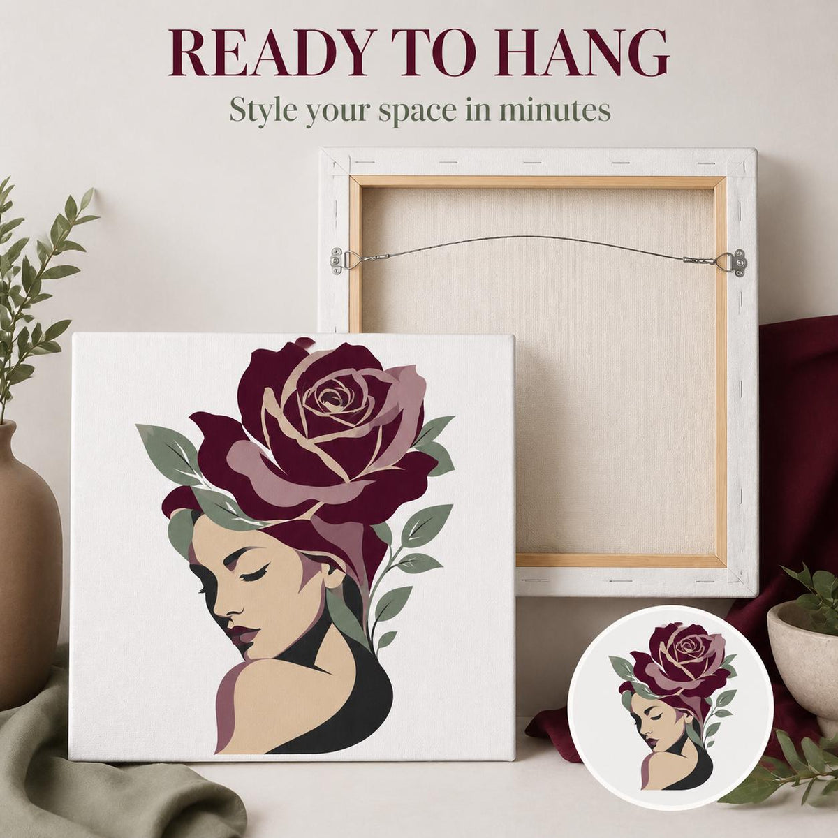 Floral Woman Canvas Wall Art, Burgundy Rose Portrait, Feminine Botanical Decor, Modern Bedroom Artwork, Gift for Her