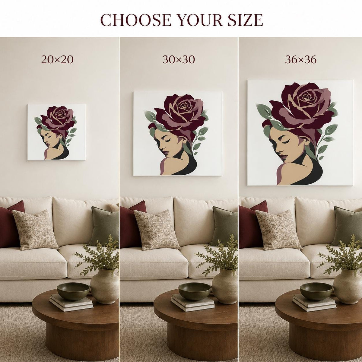 Floral Woman Canvas Wall Art, Burgundy Rose Portrait, Feminine Botanical Decor, Modern Bedroom Artwork, Gift for Her