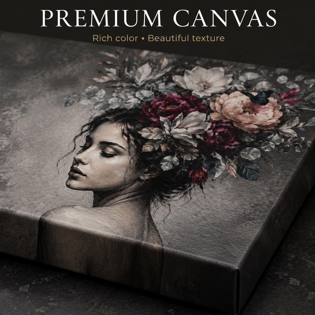 Black and White Woman Canvas Wall Art, Floral Portrait with Burgundy Flowers, Moody Feminine Decor, Large Bedroom Statement Art