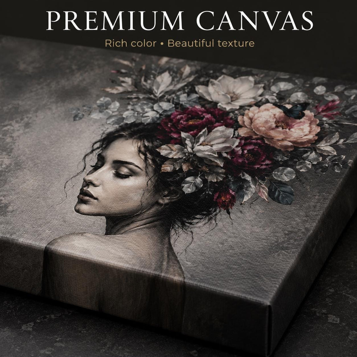 Black and White Woman Canvas Wall Art, Floral Portrait with Burgundy Flowers, Moody Feminine Decor, Large Bedroom Statement Art