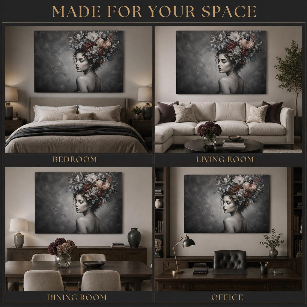 Black and White Woman Canvas Wall Art, Floral Portrait with Burgundy Flowers, Moody Feminine Decor, Large Bedroom Statement Art