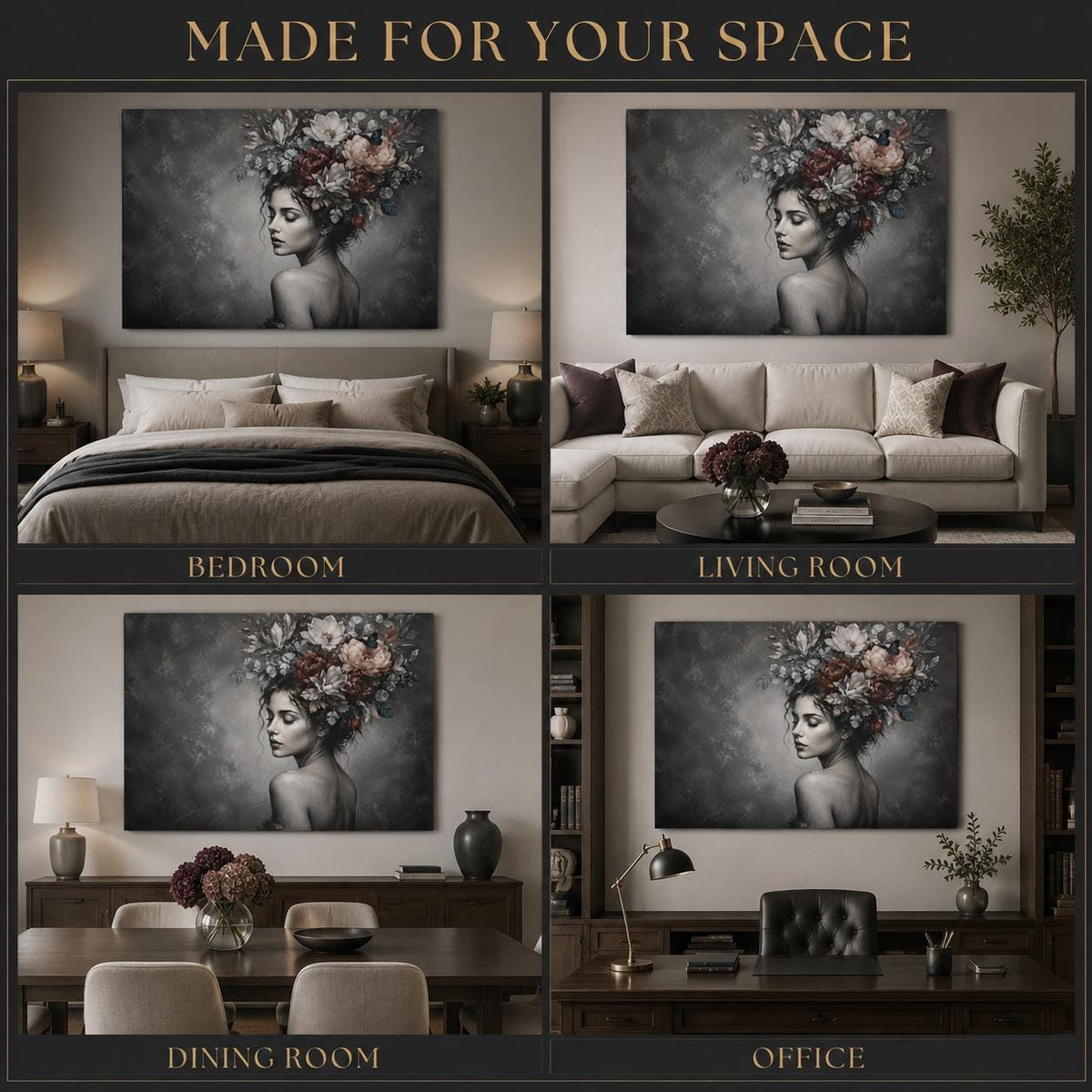 Black and White Woman Canvas Wall Art, Floral Portrait with Burgundy Flowers, Moody Feminine Decor, Large Bedroom Statement Art