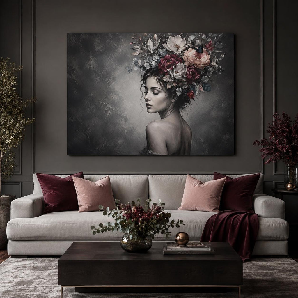 Black and White Woman Canvas Wall Art, Floral Portrait with Burgundy Flowers, Moody Feminine Decor, Large Bedroom Statement Art