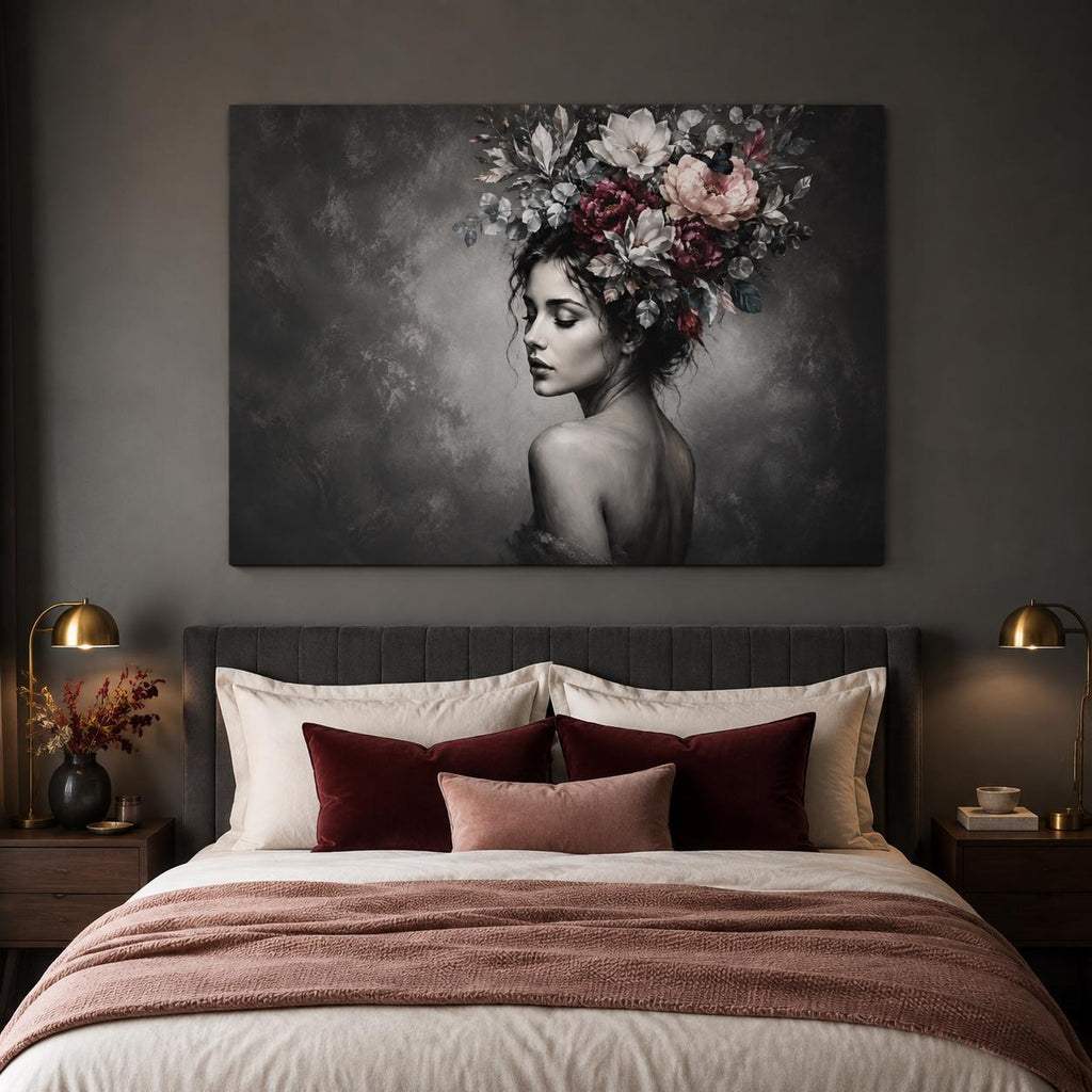 Black and White Woman Canvas Wall Art, Floral Portrait with Burgundy Flowers, Moody Feminine Decor, Large Bedroom Statement Art