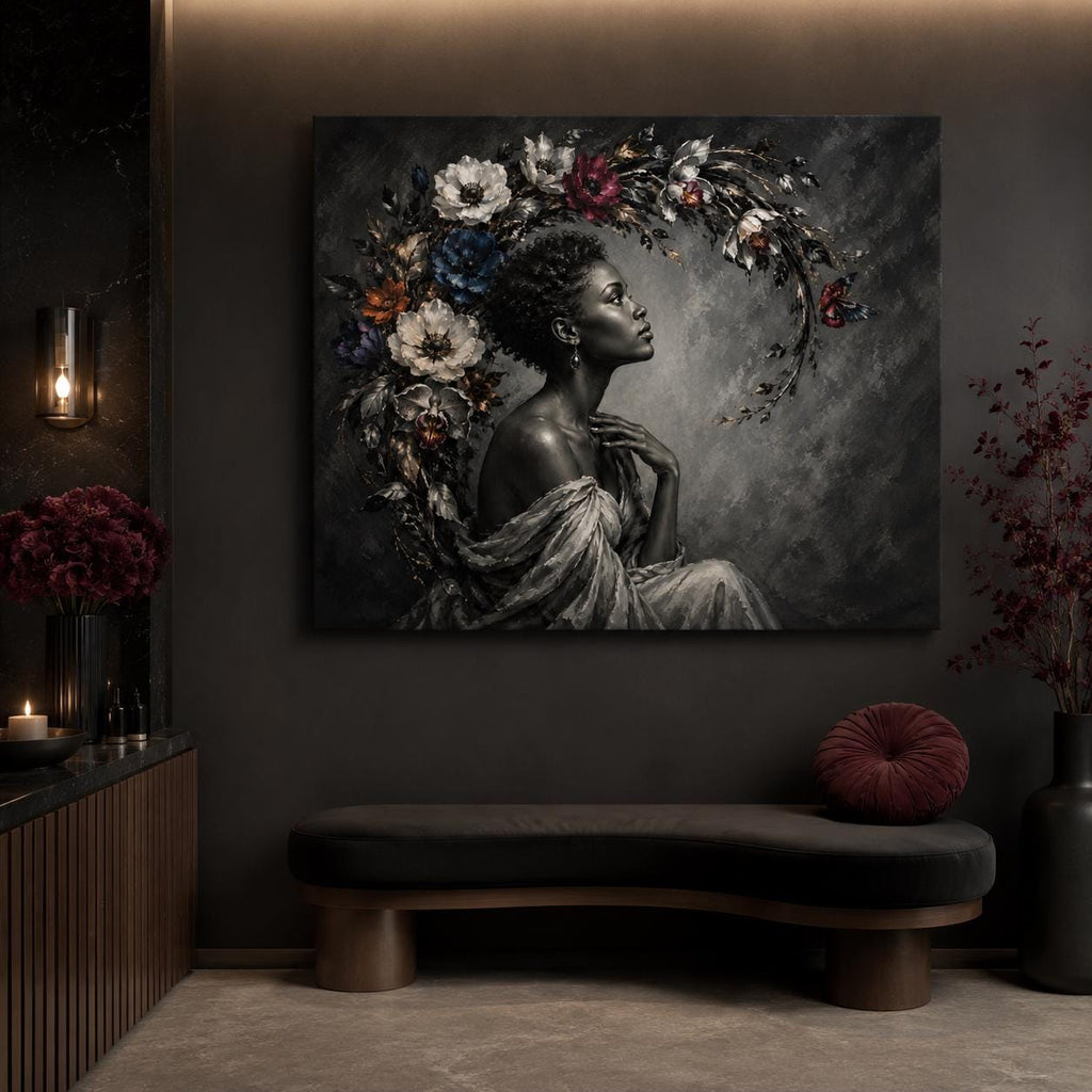 Black Woman Wall Art Canvas, Contemporary African American Portrait, Floral Botanical Art, Large Horizontal Black and White Decor