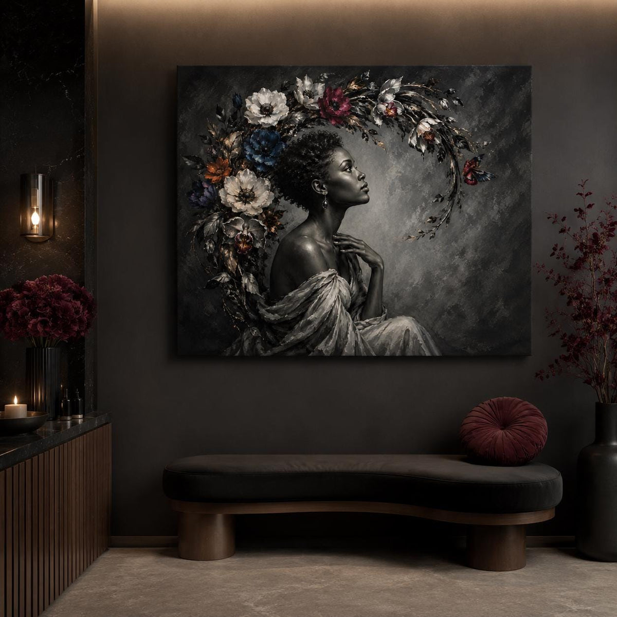 Black Woman Wall Art Canvas, Contemporary African American Portrait, Floral Botanical Art, Large Horizontal Black and White Decor
