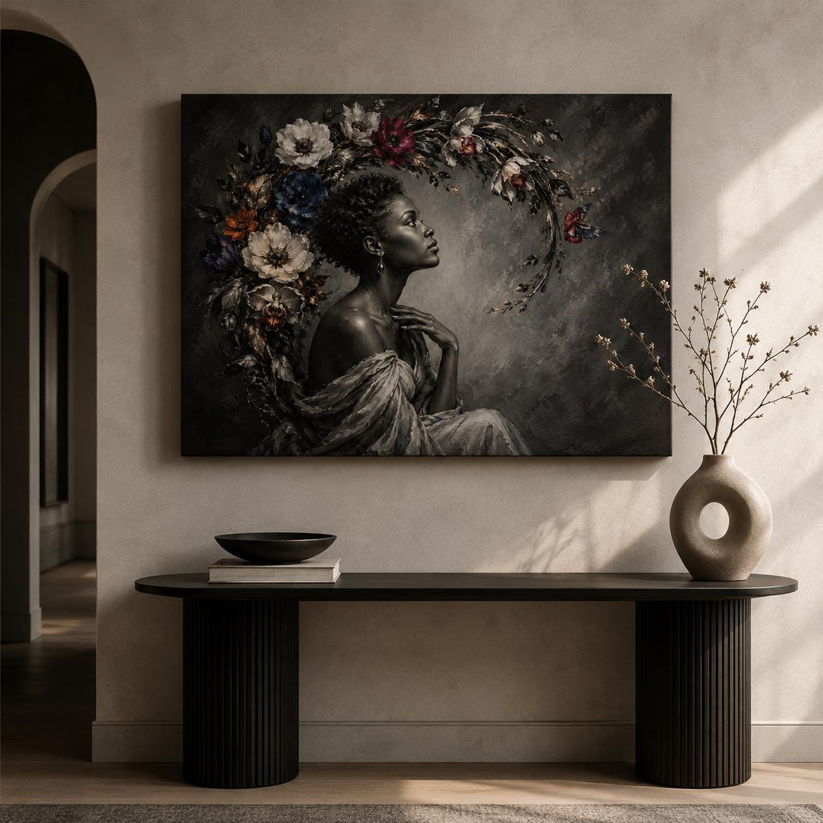 Black Woman Wall Art Canvas, Contemporary African American Portrait, Floral Botanical Art, Large Horizontal Black and White Decor