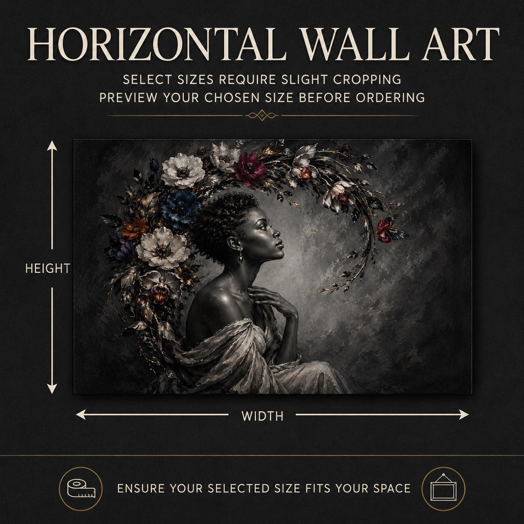 Black Woman Wall Art Canvas, Contemporary African American Portrait, Floral Botanical Art, Large Horizontal Black and White Decor