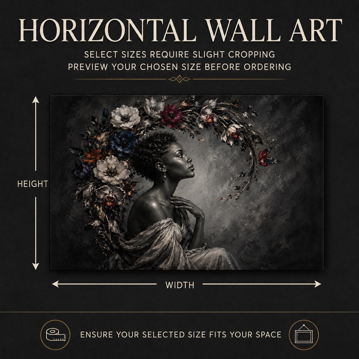 Black Woman Wall Art Canvas, Contemporary African American Portrait, Floral Botanical Art, Large Horizontal Black and White Decor