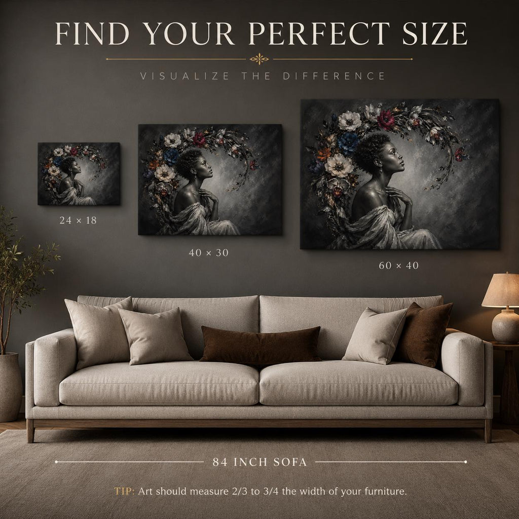 Black Woman Wall Art Canvas, Contemporary African American Portrait, Floral Botanical Art, Large Horizontal Black and White Decor