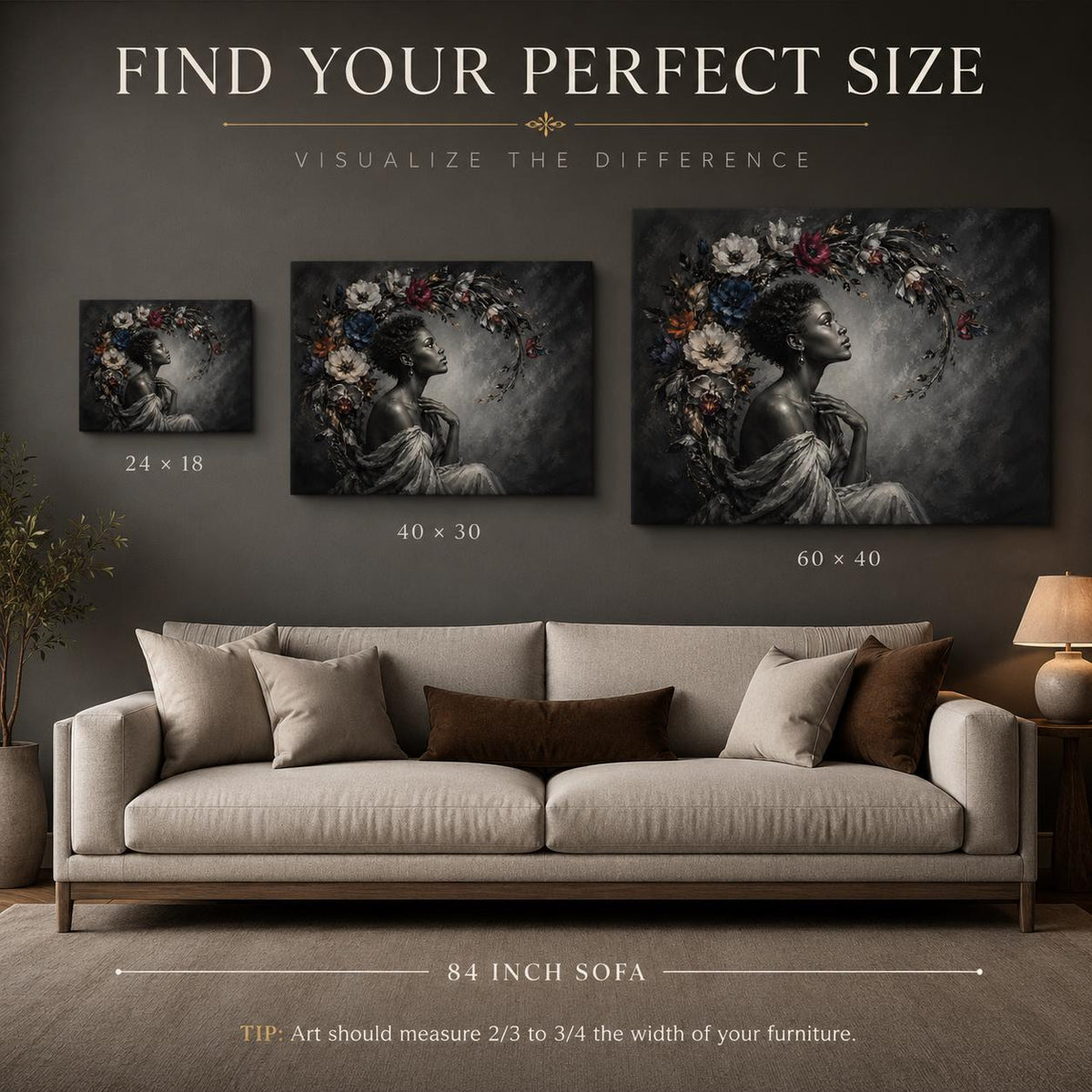 Black Woman Wall Art Canvas, Contemporary African American Portrait, Floral Botanical Art, Large Horizontal Black and White Decor