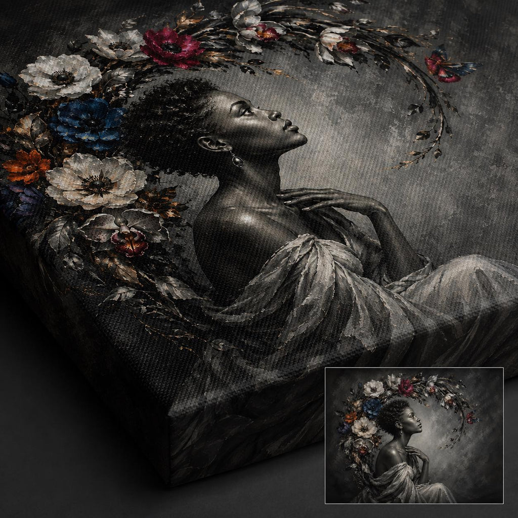 Black Woman Wall Art Canvas, Contemporary African American Portrait, Floral Botanical Art, Large Horizontal Black and White Decor