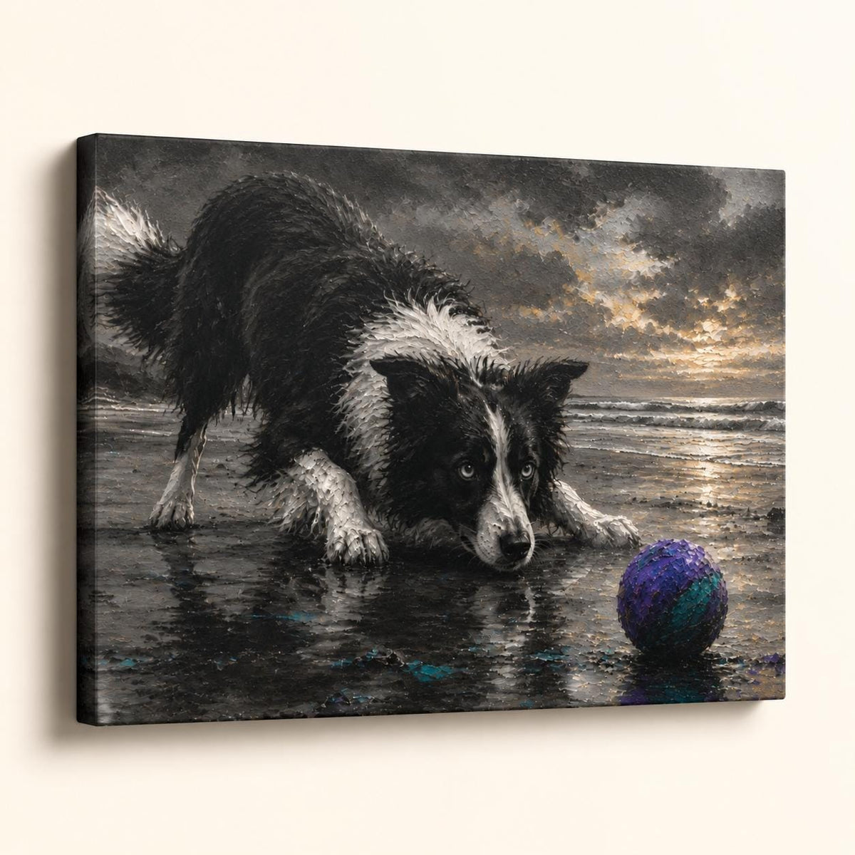 Border Collie Canvas Wall Art, Black and White Dog Beach Painting, Coastal Pet Lover Gift, Herding Dog Home Decor