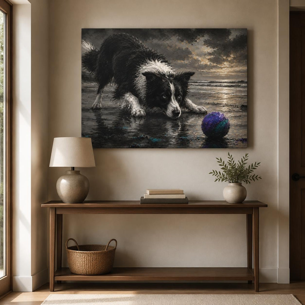 Border Collie Canvas Wall Art, Black and White Dog Beach Painting, Coastal Pet Lover Gift, Herding Dog Home Decor