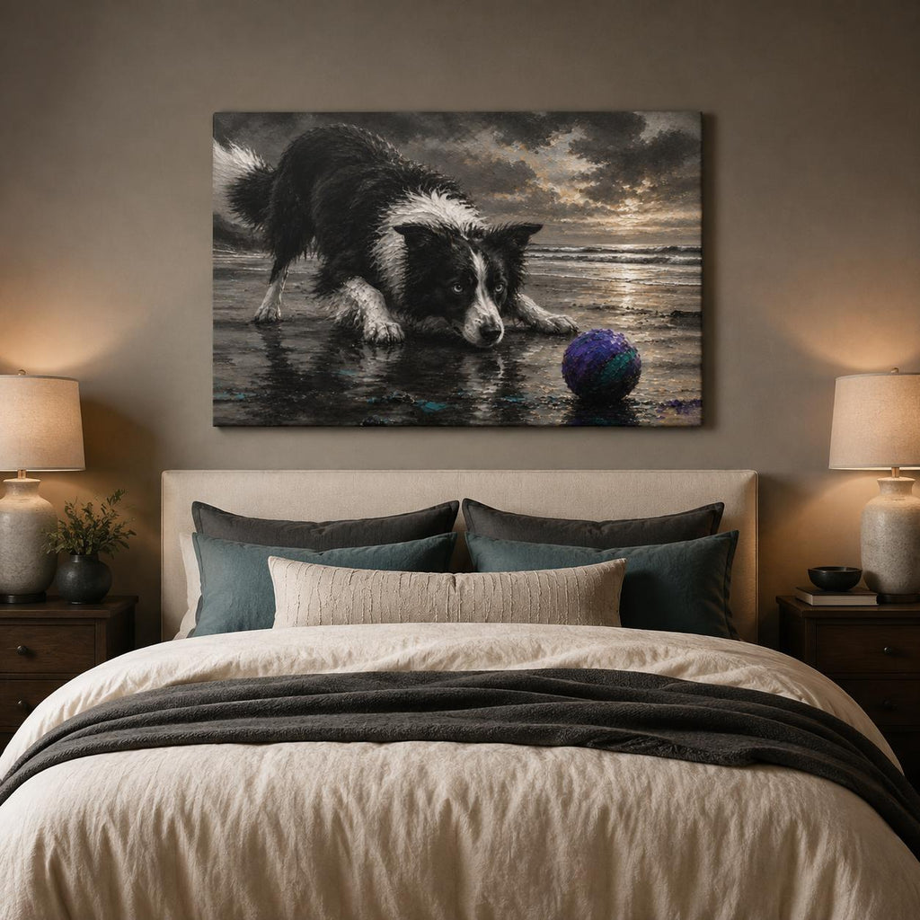 Border Collie Canvas Wall Art, Black and White Dog Beach Painting, Coastal Pet Lover Gift, Herding Dog Home Decor