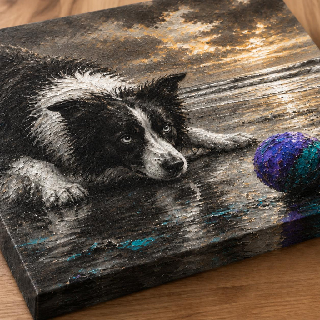 Border Collie Canvas Wall Art, Black and White Dog Beach Painting, Coastal Pet Lover Gift, Herding Dog Home Decor