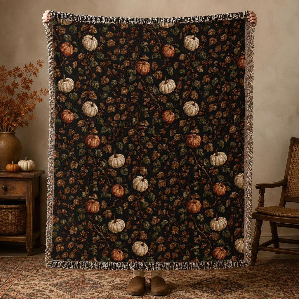 Vintage Fall Pumpkin Woven Blanket, Tapestry Throw, 100 Percent Cotton Fringed Autumn Decor, Thanksgiving Gift