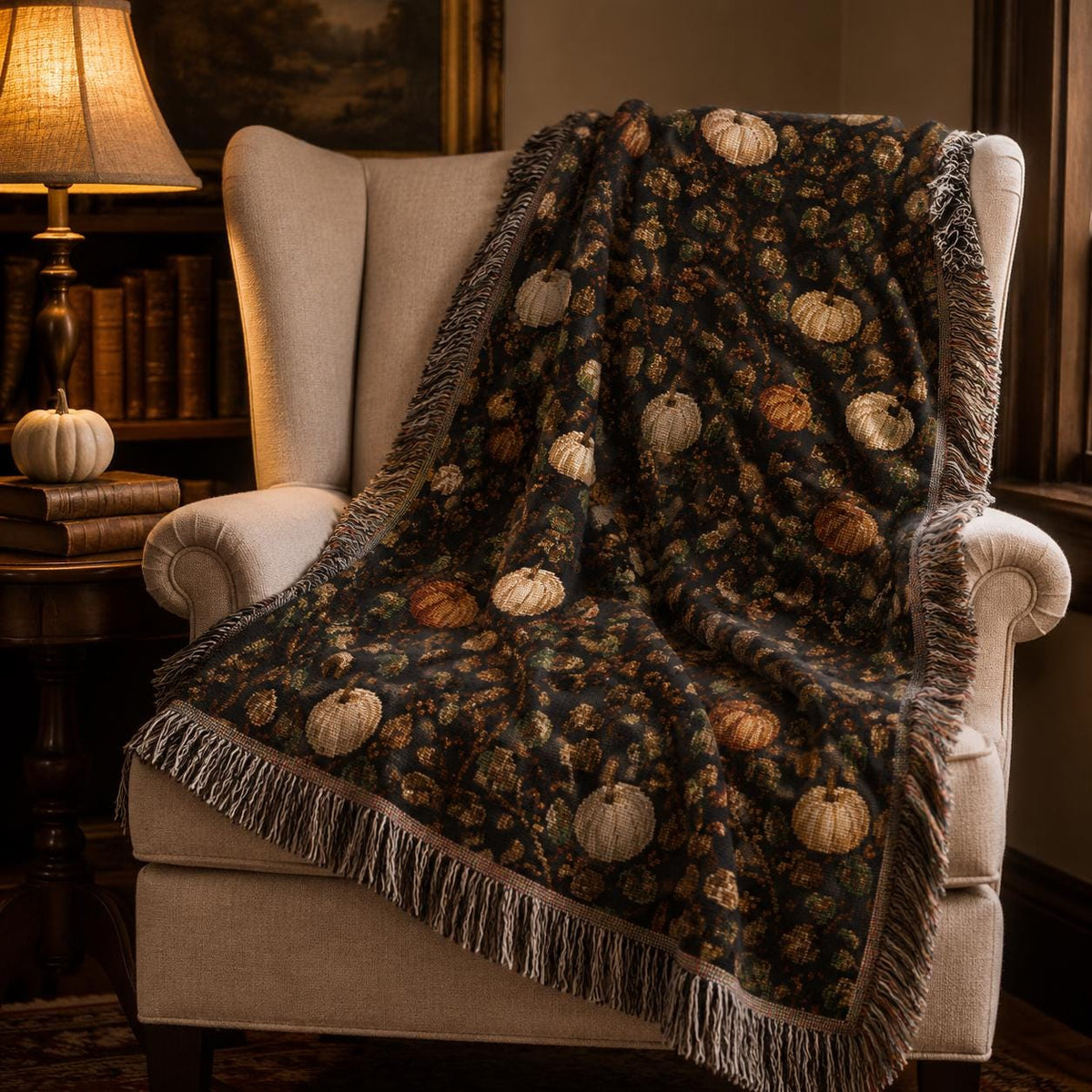 Vintage Fall Pumpkin Woven Blanket, Tapestry Throw, 100 Percent Cotton Fringed Autumn Decor, Thanksgiving Gift