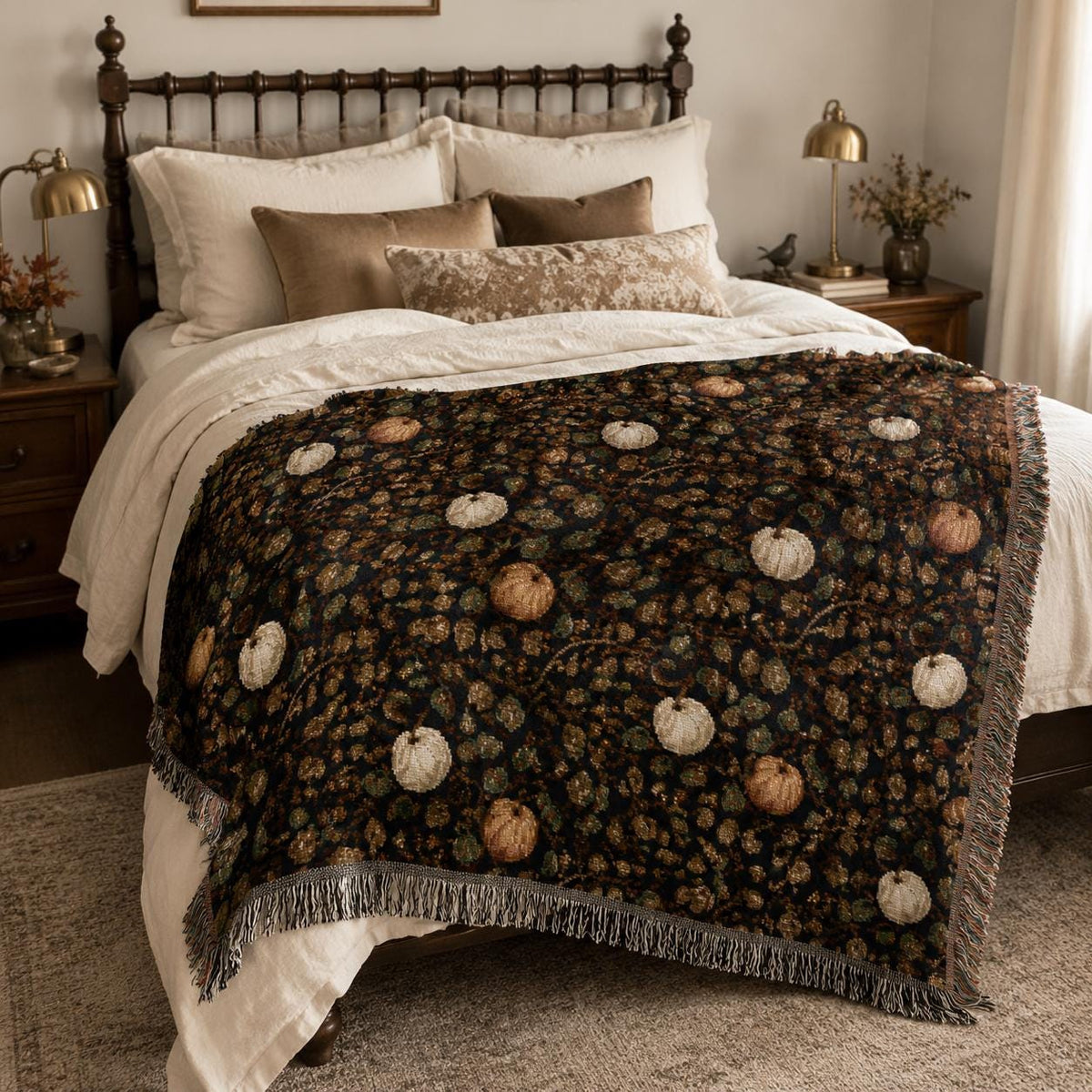 Vintage Fall Pumpkin Woven Blanket, Tapestry Throw, 100 Percent Cotton Fringed Autumn Decor, Thanksgiving Gift