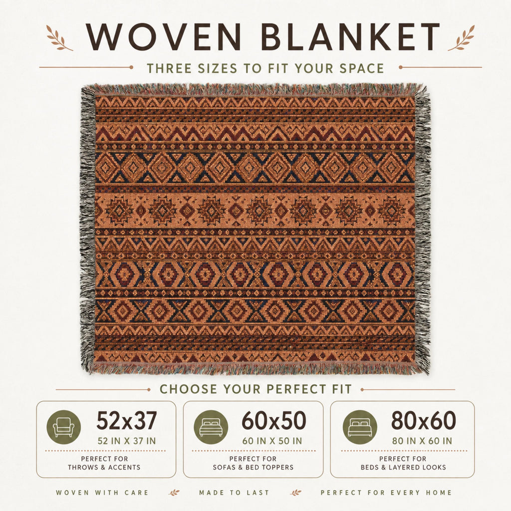 Woven Cotton Southwestern Throw Blanket, Terracotta Geometric Design, Fringed Boho Decor