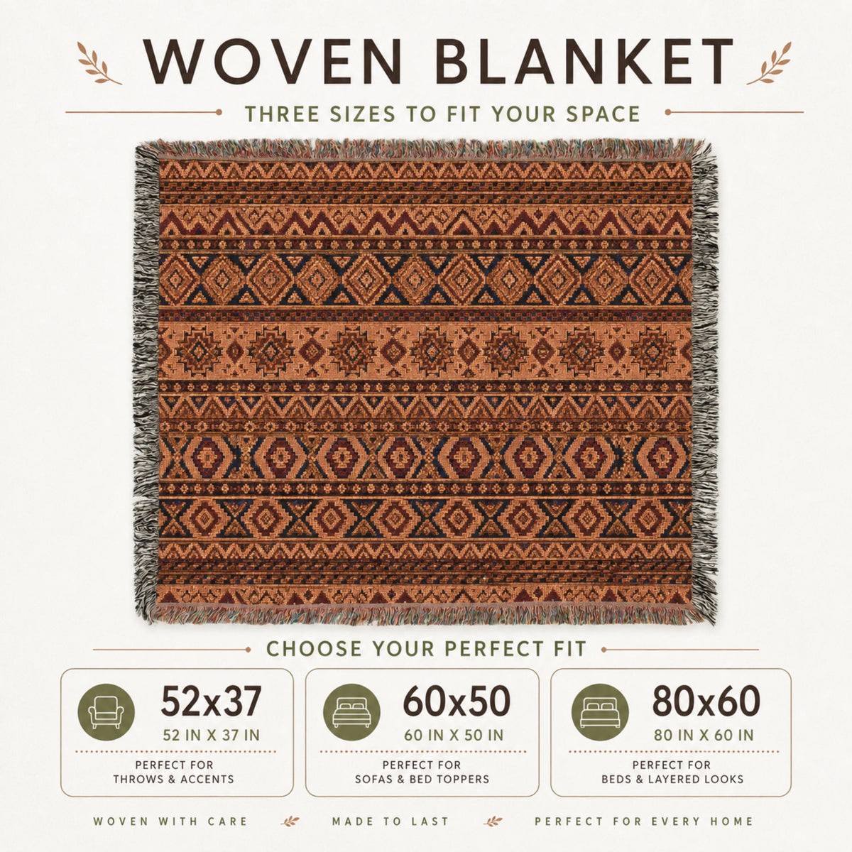 Woven Cotton Southwestern Throw Blanket, Terracotta Geometric Design, Fringed Boho Decor