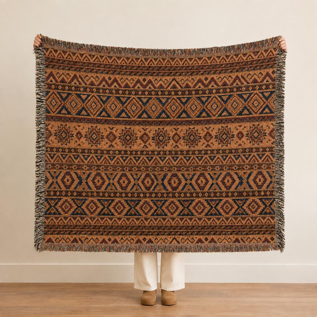 Woven Cotton Southwestern Throw Blanket, Terracotta Geometric Design, Fringed Boho Decor