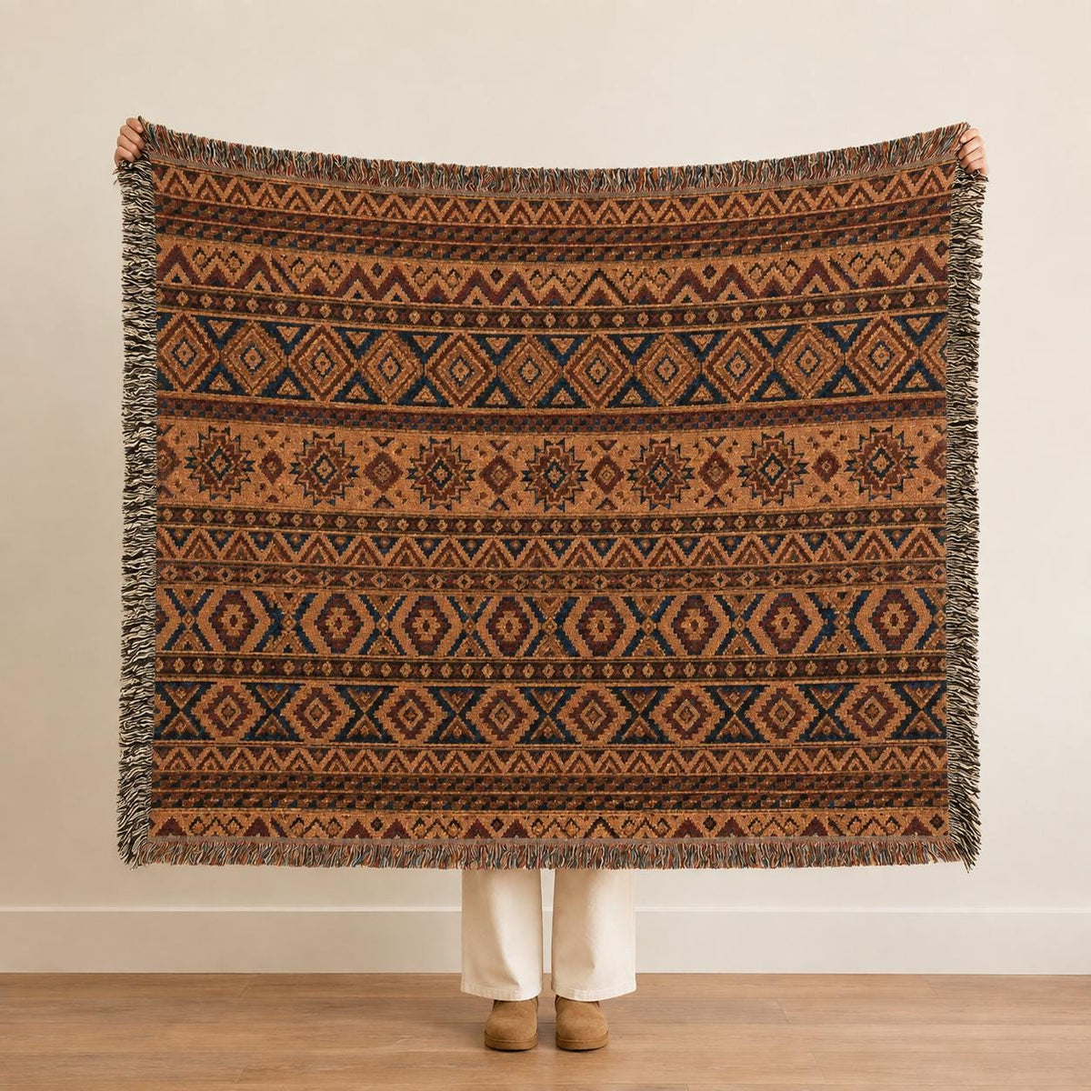Woven Cotton Southwestern Throw Blanket, Terracotta Geometric Design, Fringed Boho Decor