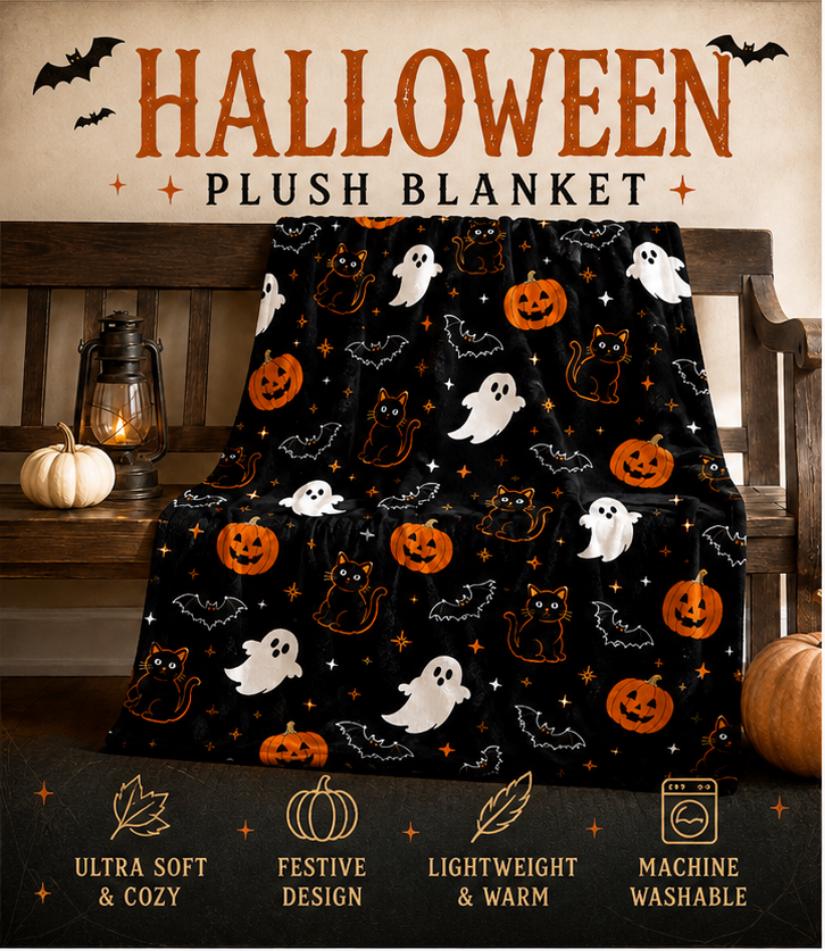 Halloween Blanket with Ghosts Black Cats and Pumpkins, Cozy Spooky Throw Blanket, Cute Halloween Decor, Fall Gift