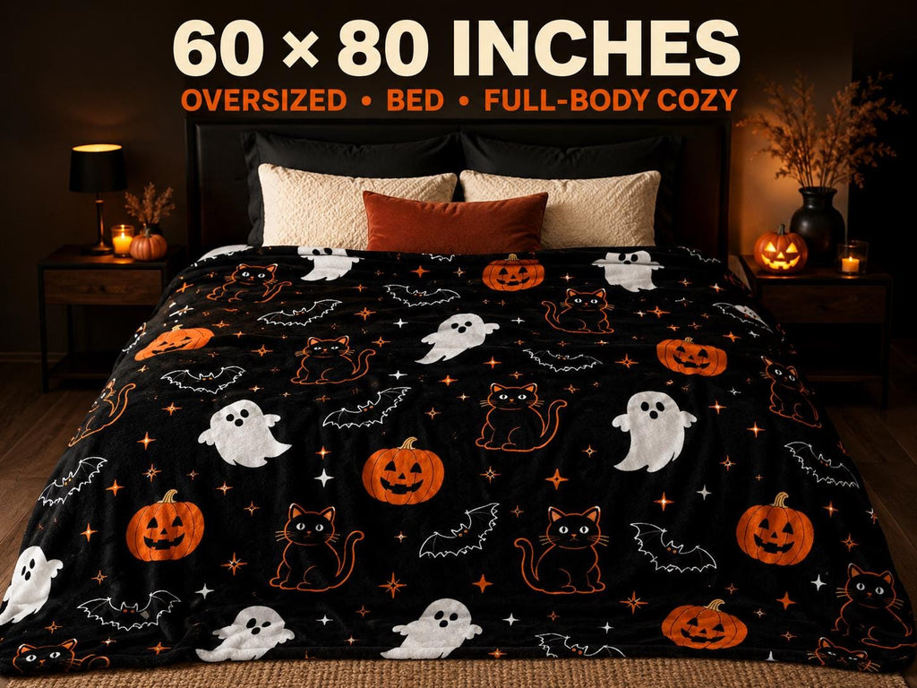 Halloween Blanket with Ghosts Black Cats and Pumpkins, Cozy Spooky Throw Blanket, Cute Halloween Decor, Fall Gift