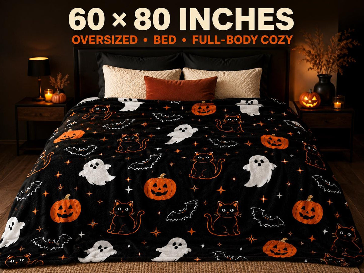 Halloween Blanket with Ghosts Black Cats and Pumpkins, Cozy Spooky Throw Blanket, Cute Halloween Decor, Fall Gift