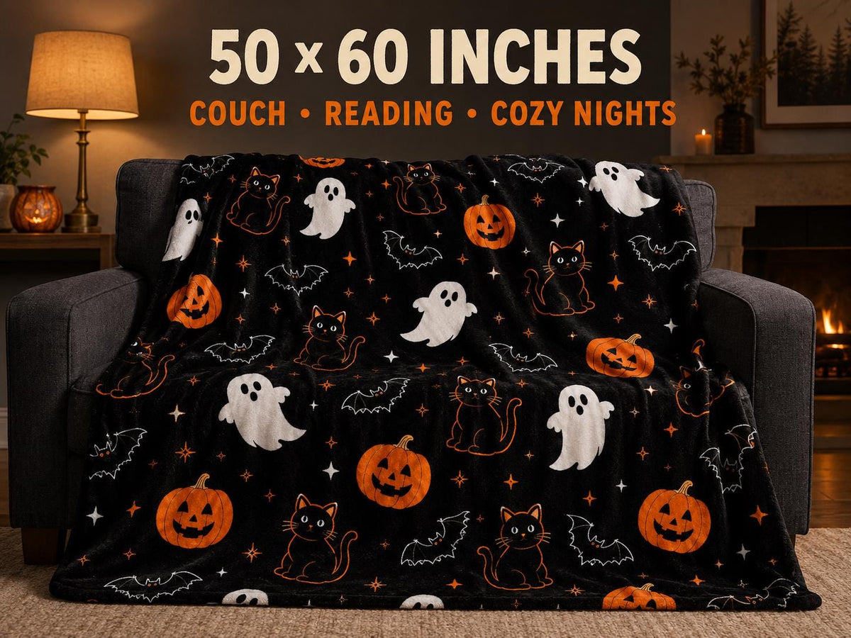 Halloween Blanket with Ghosts Black Cats and Pumpkins, Cozy Spooky Throw Blanket, Cute Halloween Decor, Fall Gift