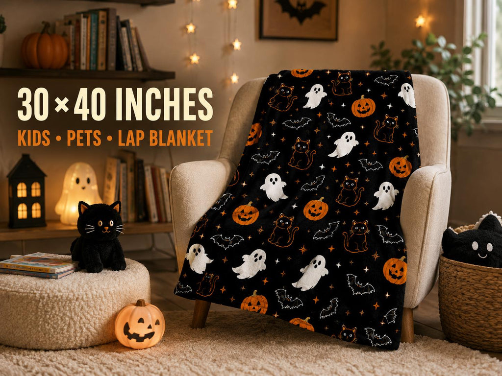 Halloween Blanket with Ghosts Black Cats and Pumpkins, Cozy Spooky Throw Blanket, Cute Halloween Decor, Fall Gift