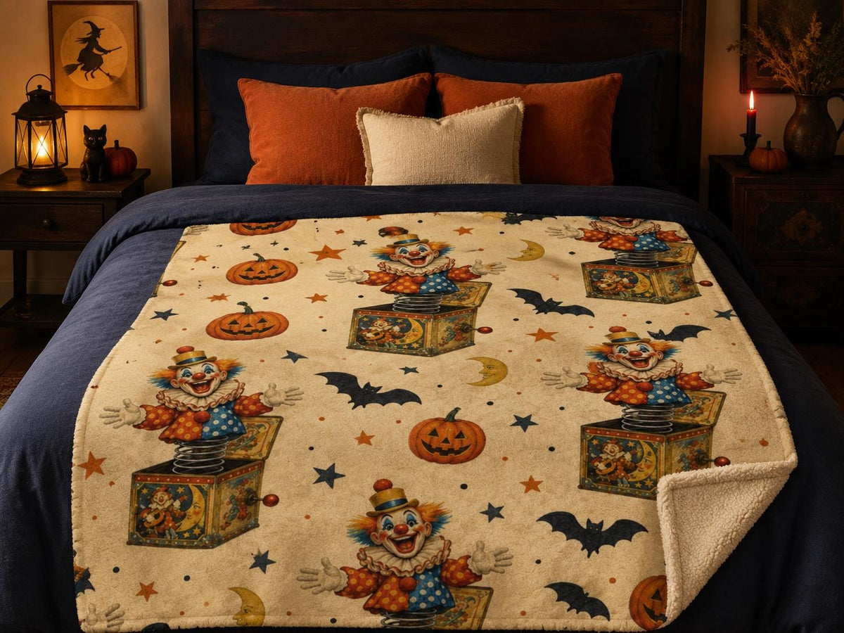 Vintage Halloween Clown Sherpa Blanket, Jack in the Box Pumpkin Throw, Retro Spooky Decor, Creepy Circus Gift, 3 Sizes