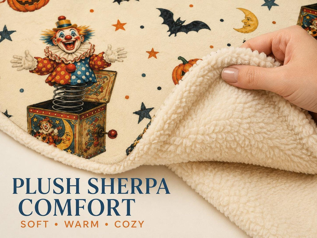 Vintage Halloween Clown Sherpa Blanket, Jack in the Box Pumpkin Throw, Retro Spooky Decor, Creepy Circus Gift, 3 Sizes