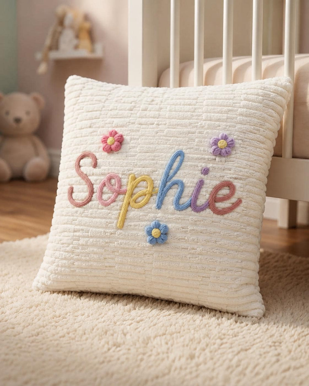 Personalized Name Pillow Cover, Custom Kids Pillow Cover, 18x18 Ribbed Plush Cushion, Nursery Decor, Girls Boys Bedroom Gift