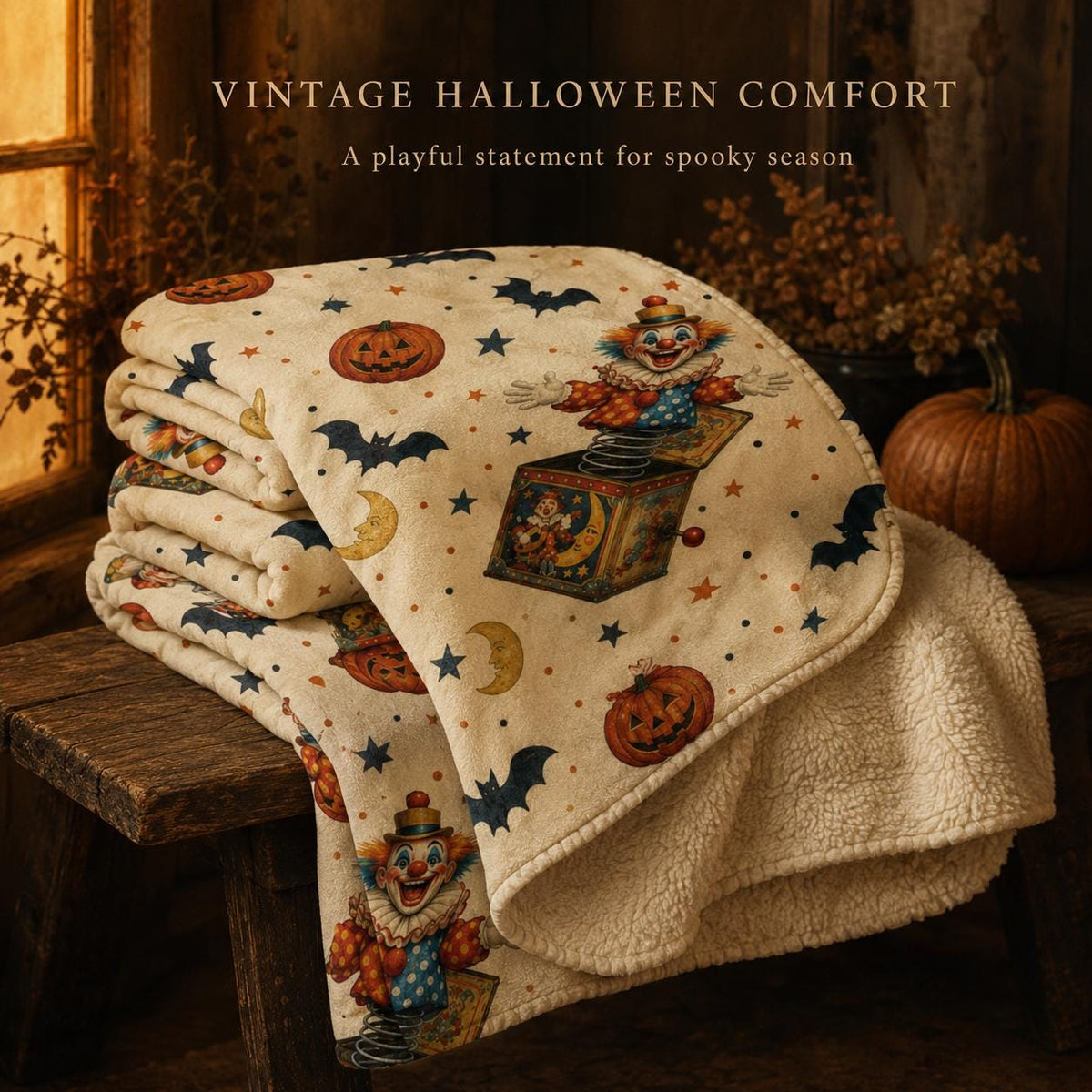 Vintage Halloween Clown Sherpa Blanket, Jack in the Box Pumpkin Throw, Retro Spooky Decor, Creepy Circus Gift, 3 Sizes