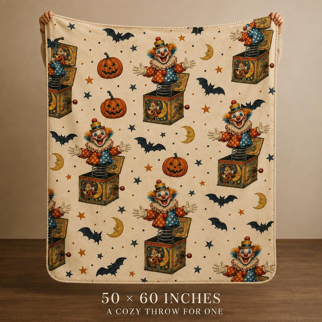 Vintage Halloween Clown Sherpa Blanket, Jack in the Box Pumpkin Throw, Retro Spooky Decor, Creepy Circus Gift, 3 Sizes